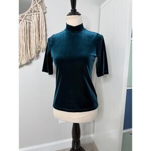 Banana Republic Teal Blue Green Velvet Mock Neck Half Sleeve Blouse Top Small